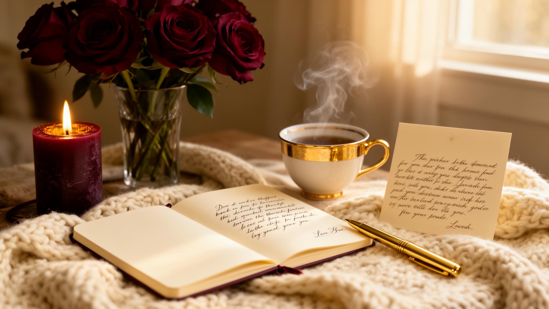 Roses, candle, journal, and tea in soft morning light